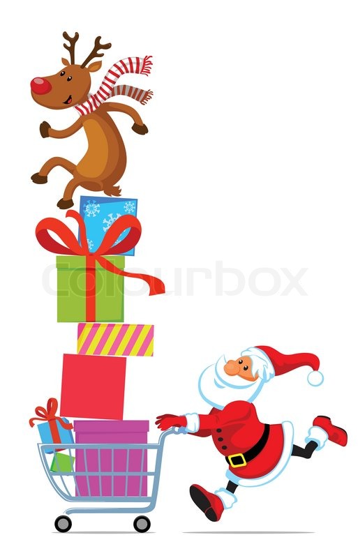 santa claus running with shopping cart full of gifts santa claus running with shopping cart full of gifts