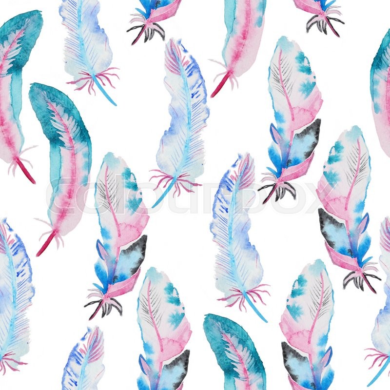 pen water sketch Vintage pattern feathers. with watercolor Seamless