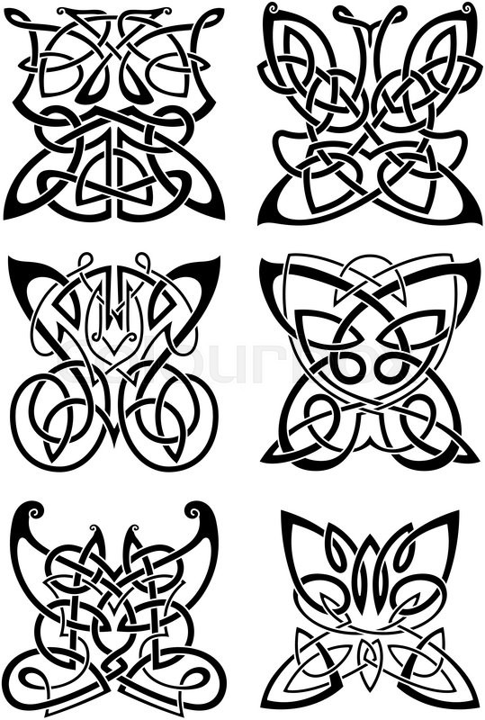 Celtic Tattoos Of Graceful Black Butterflies With Ornamental Wings Composed From Traditional Scandinavian Knot Patterns Isolated Background Celtic Tattoos Of Graceful Black Butterflies With Ornamental Wings Composed From Traditional Scandinavian Knot Patterns Isolated Background