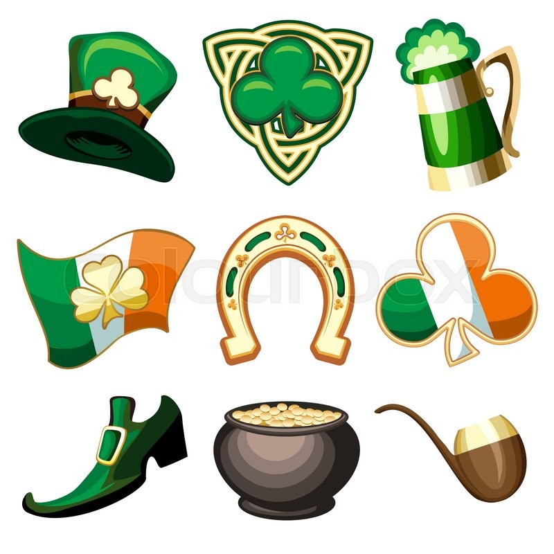 Saint Patrick's Day symbol or emblem set. Isolated on white. | Stock ...