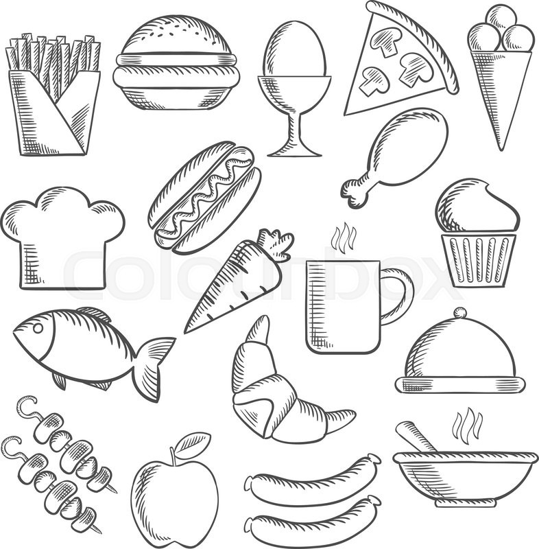Food Snacks And Drinks Sketch Icons With Pizza Sausages Burger Coffee Cup Cake Chicken Egg Ice Cream Hot Dog French Fries Apple Food Snacks And Drinks Sketch Icons With Pizza Sausages Burger Coffee Cup Cake Chicken Egg Ice Cream Hot Dog French Fries Apple