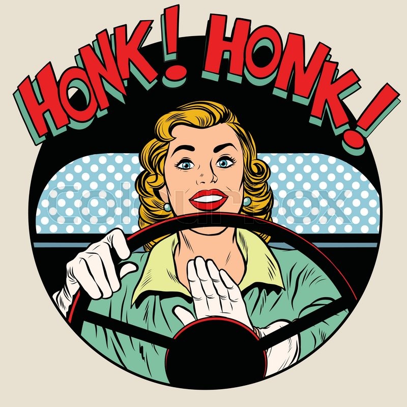 Honk vehicle horn driver woman pop art retro style. Car Honk vehicle horn driver woman pop art retro style. Car