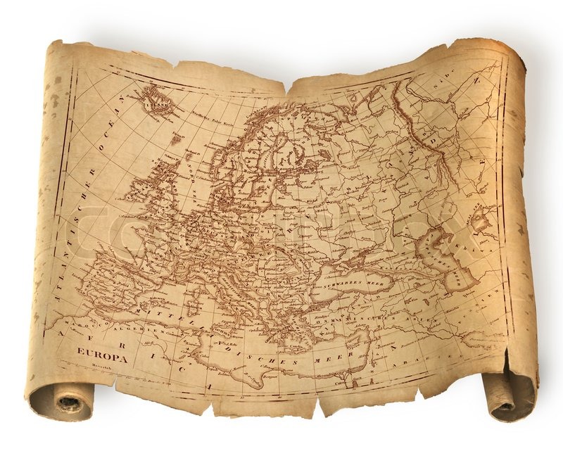 Old ragged map of Europe on paper or parchment document roll Stock