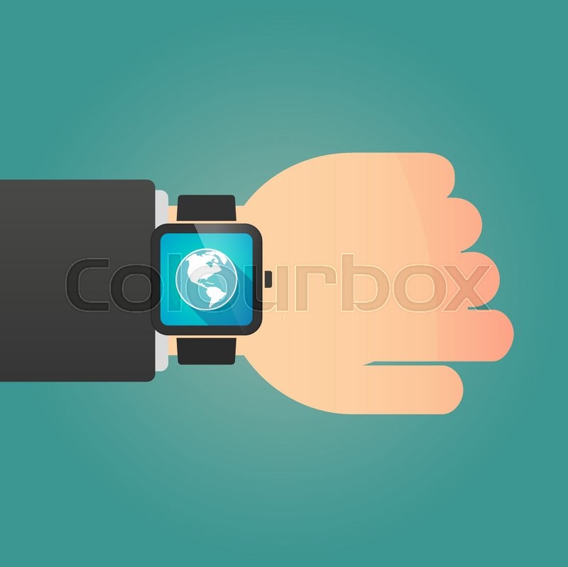 Man showing a smart watch with an America region world globe | Stock vector  | Colourbox