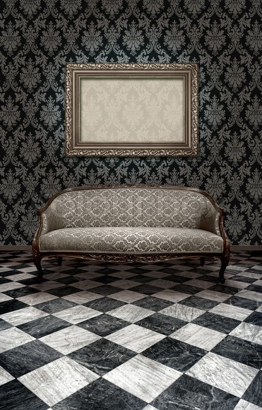 Classic antiken sofa und versilberte rahmen in zimmer mit schwarz ...