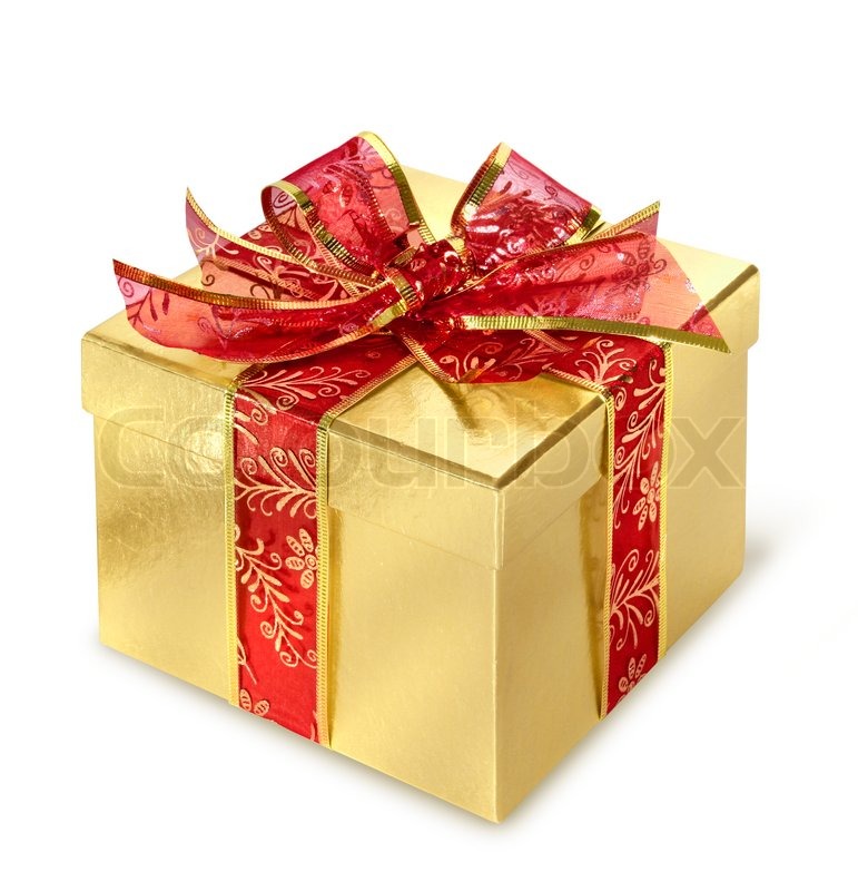 golden present surprise box with red wrap and bow stock photo
