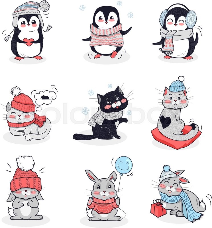 set animals in warm clothes design flat rabbit and penguin animals