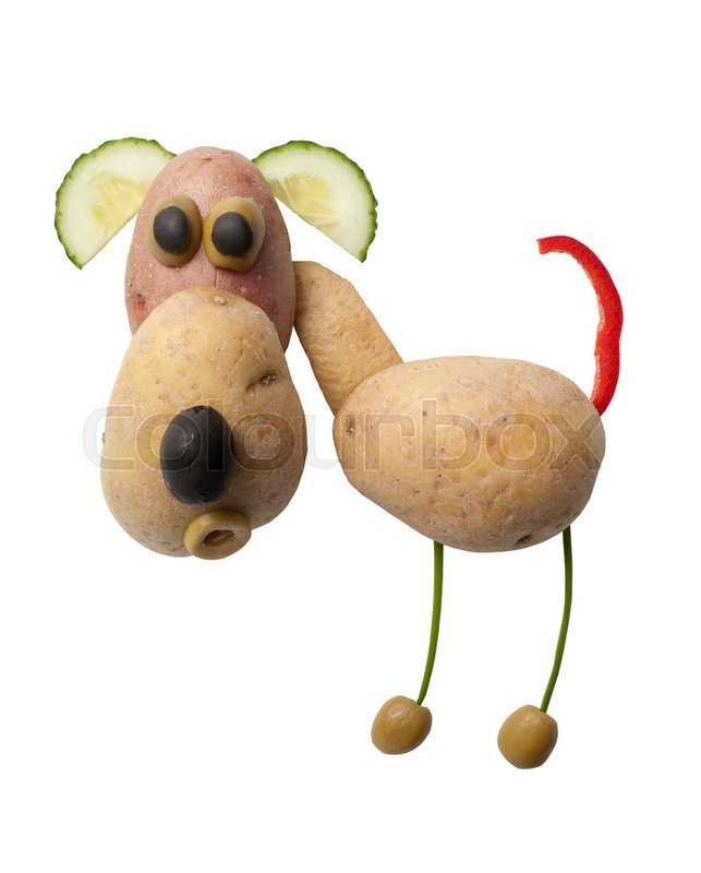 Dog made of potatoes and olives on Stock image Colourbox