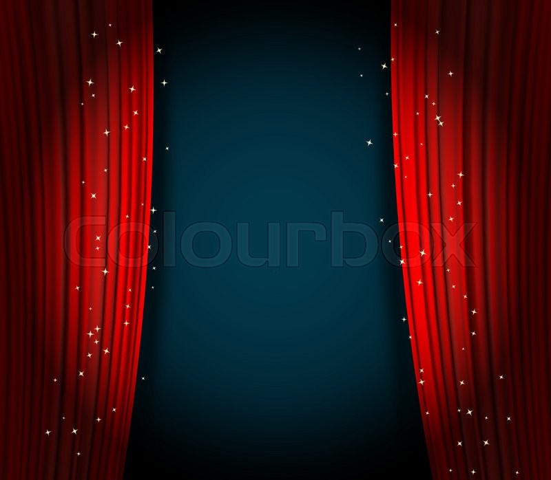 red curtains background wuth glittering stars open curtains as