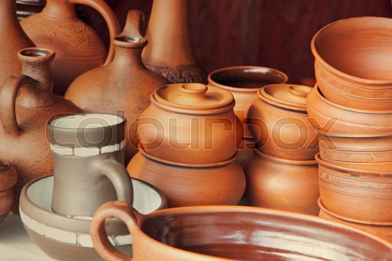 Different kinds of ceramics pots taken Stock image Colourbox