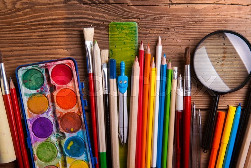Various school and art supplies laid on Stock image Colourbox