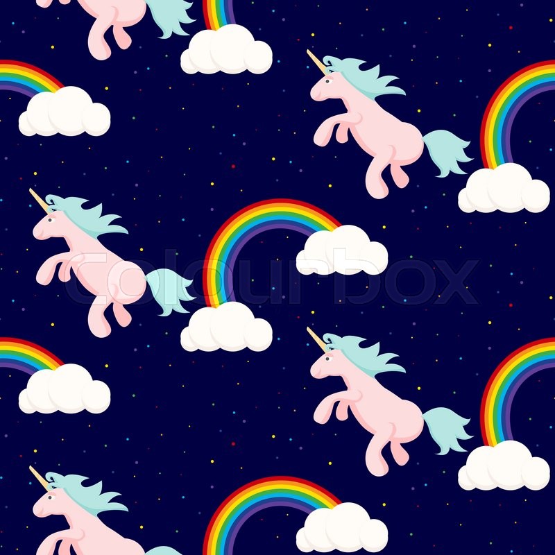 Cute unicorn child seamless vector pattern in night sky ...
