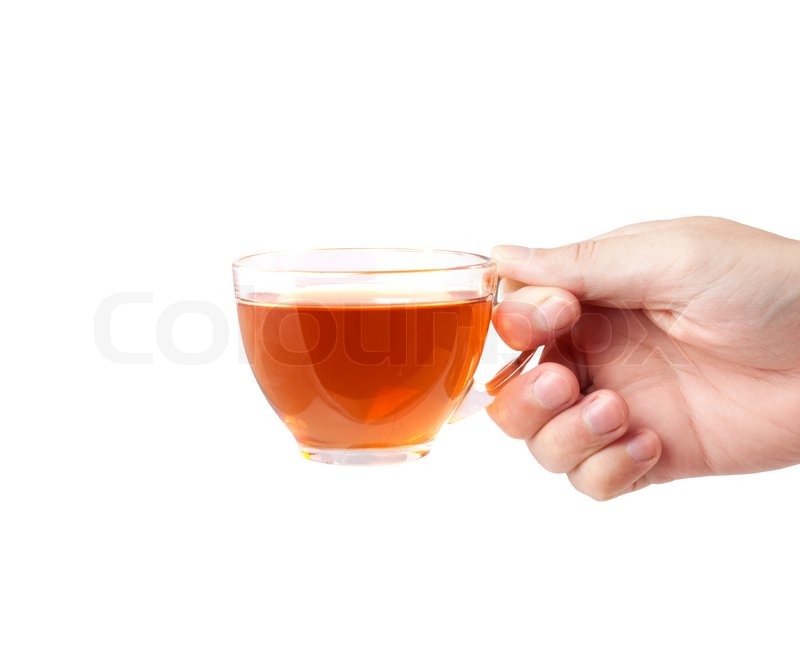 a cup of tea and a hand isolated on white background stock photo