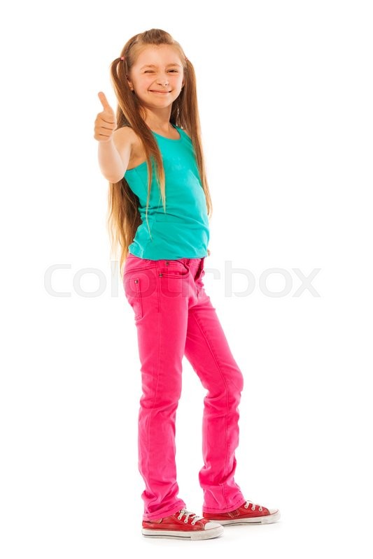 happy girl stand with thumb up gesture full height portrait isolated