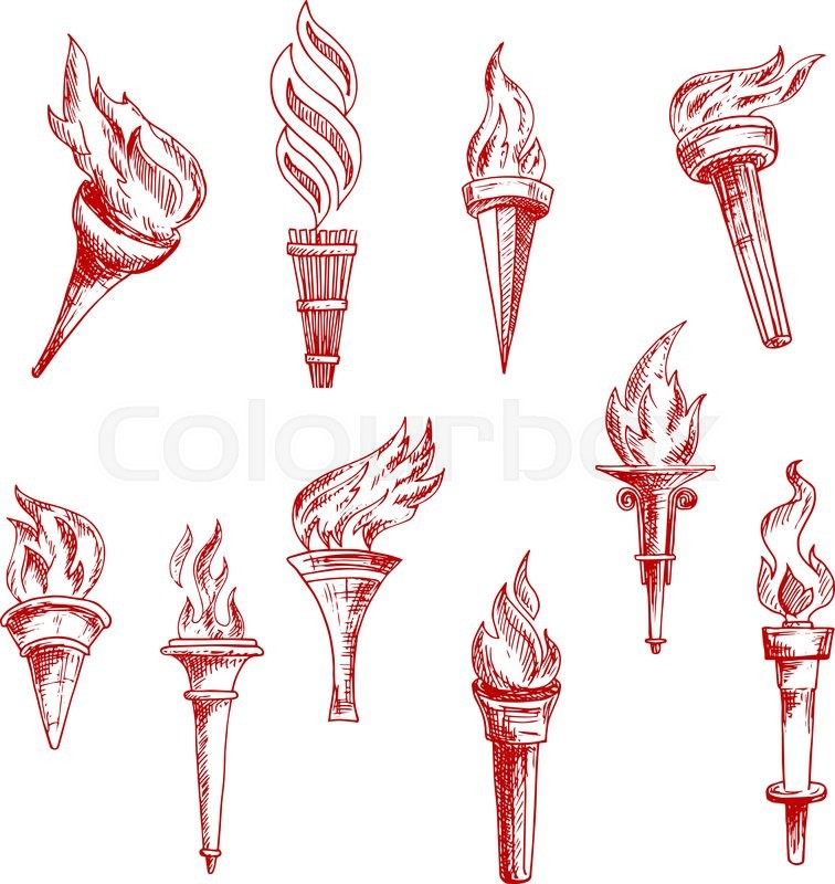 Medieval flaming torches sketches in Stock vector Colourbox