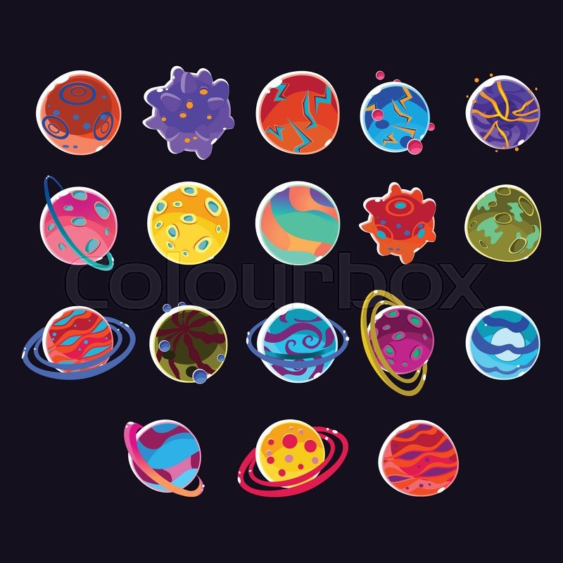 cartoon fantasy planets set on dark background stock vector