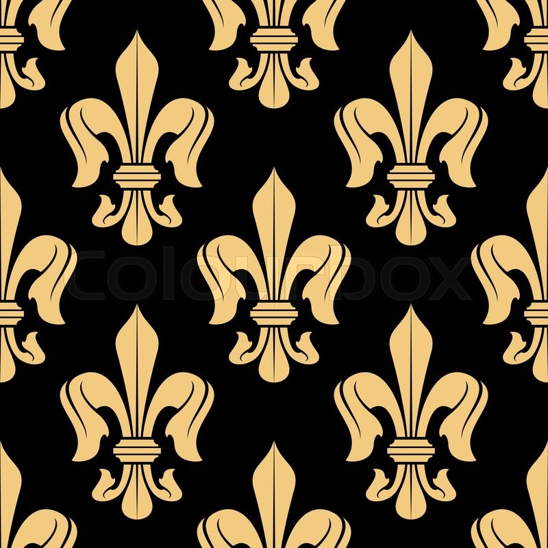 Golden floral heraldic fleur-de-lis seamless pattern on black