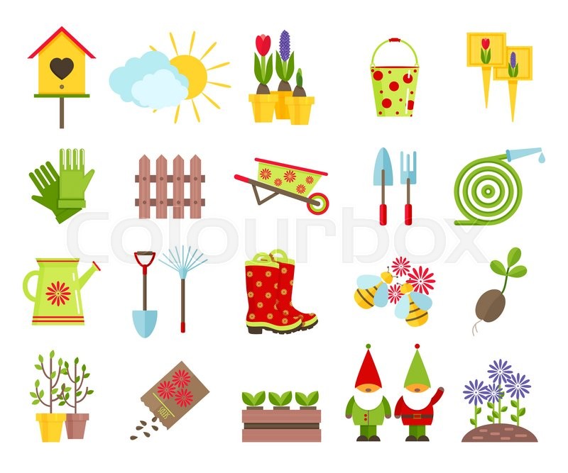 garden tools and other elements of gardening flat icons set garden