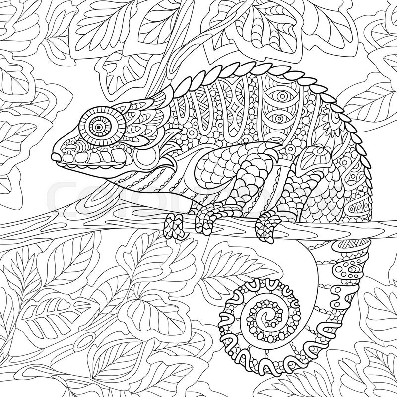 Zentangle stylized cartoon chameleon sitting on a tree branch. Hand drawn sketch for adult ...