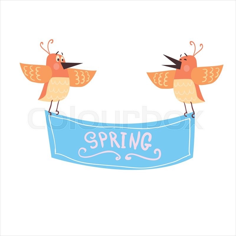 Birds Holding Spring Banner Funny Stock Vector Colourbox