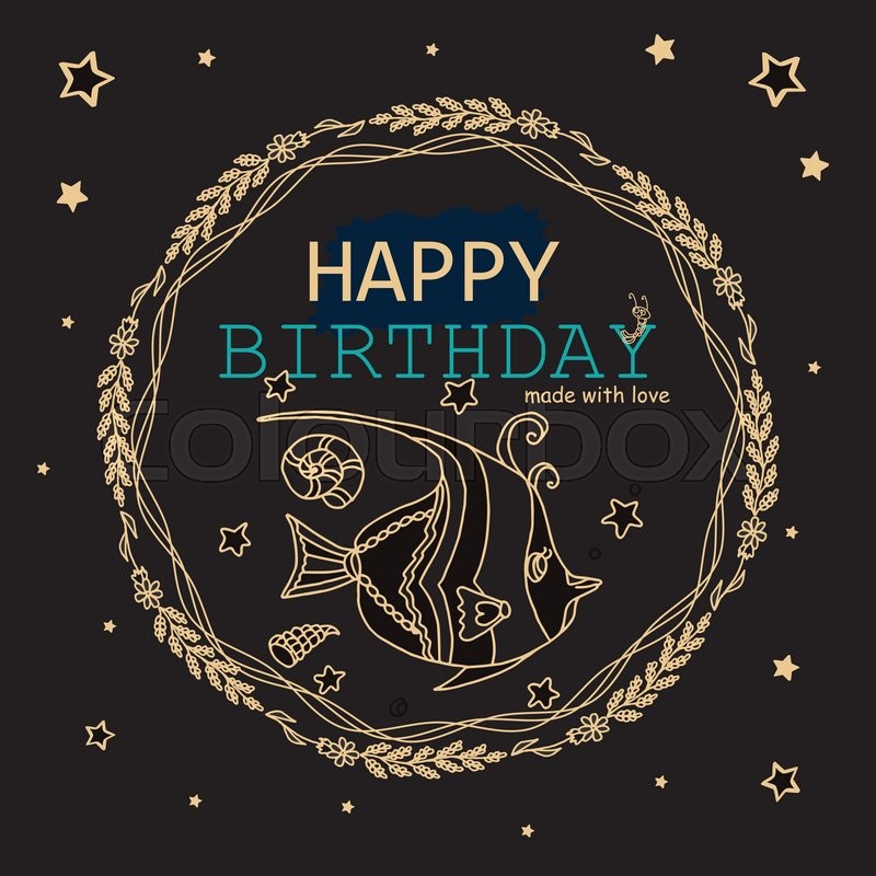Happy Birthday Greeting Card Black Gold Metallic And Bondi Blue Color Cartoon Fish Star Bubbles Seaweed Shell Flower Branch Leaves Doodle
