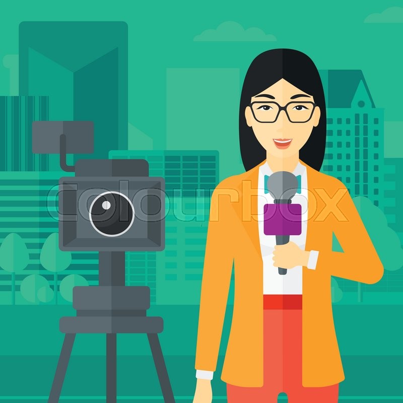 A Camera Filming And An Asian Reporter Standing With Microphone On City Background Vector Flat Design Illustration Square Layout A Camera Filming And An Asian Reporter Standing With Microphone On City Background Vector Flat Design Illustration Square Layout