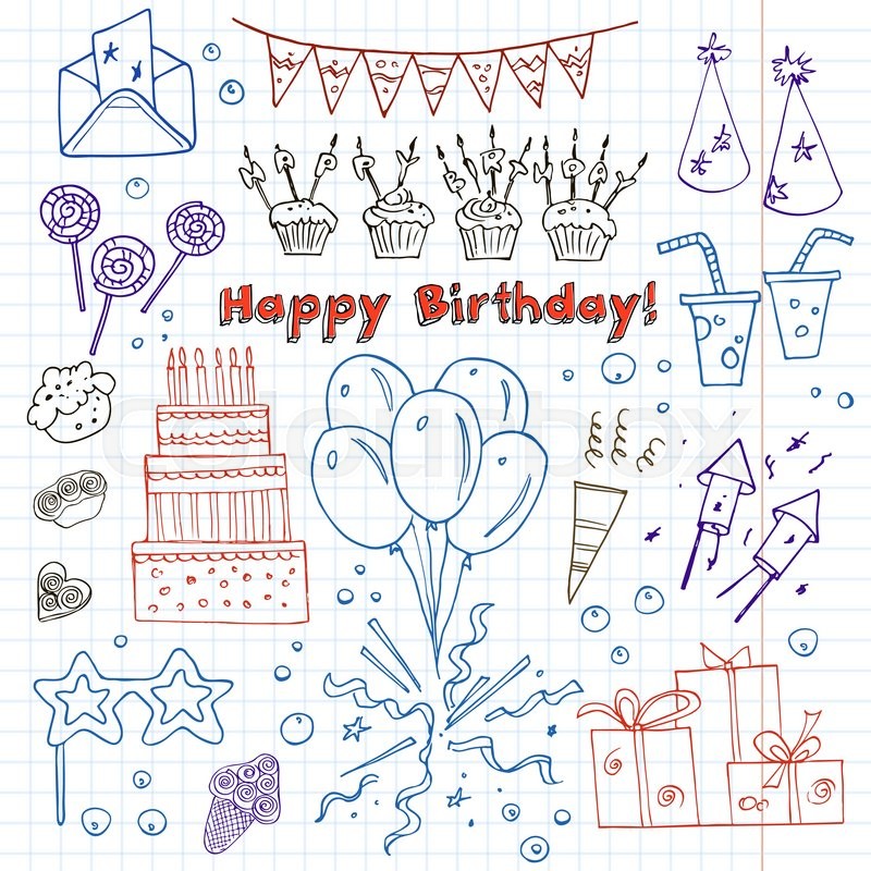 Birthday party doodles elements background. Vector ...