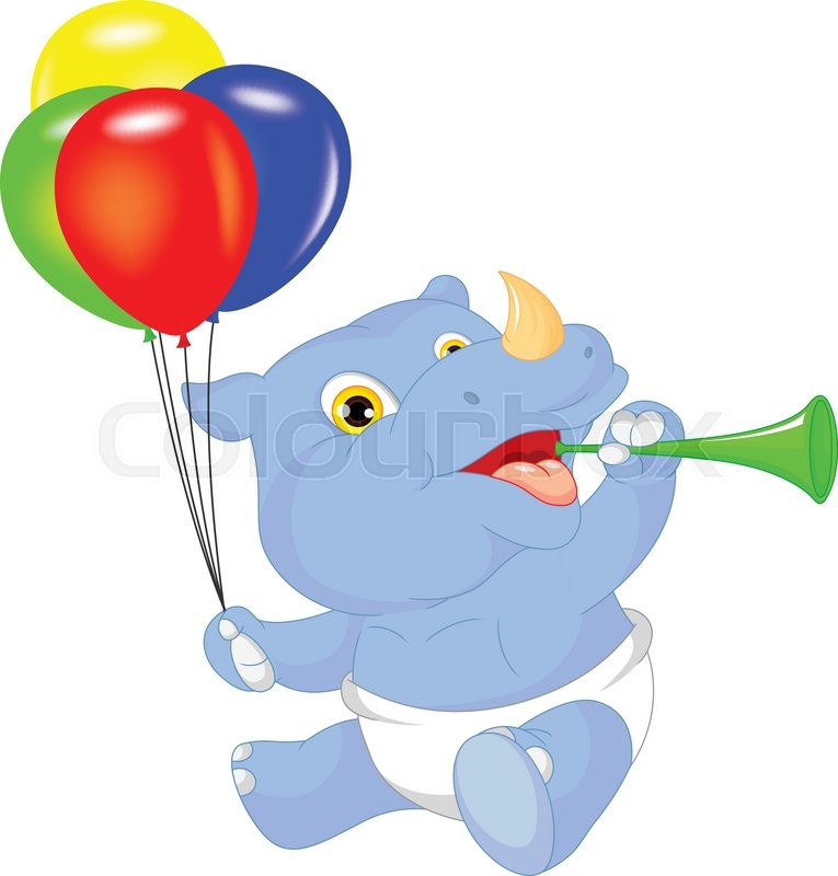 Vector Illustration Of Cute Baby Rhino Cartoon Holding Balloon