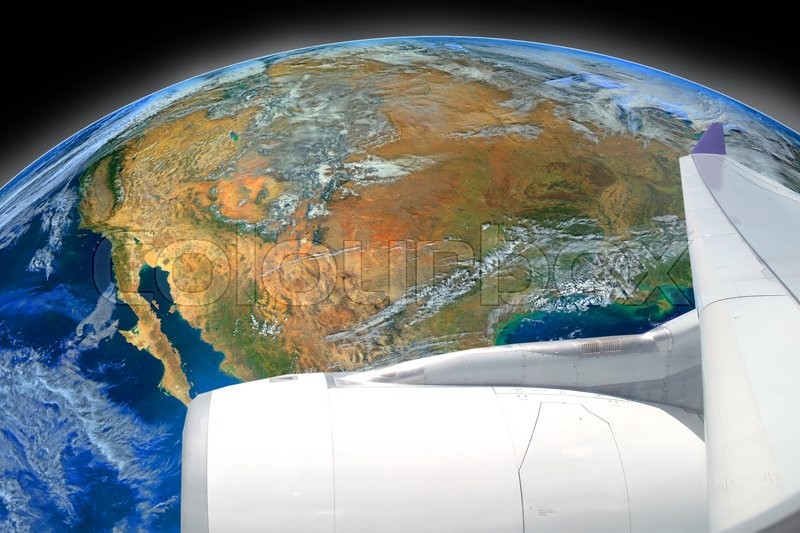 Airplane fly over the earth ,including Stock image Colourbox