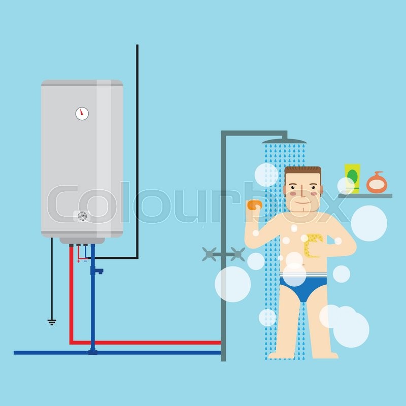 Electric water heater and man in the bathroom taking a shower. Flat icon  for web design and application interface, also useful for infographics.  Vector illustration. | Stock vector | Colourbox