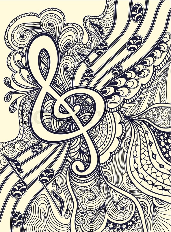 Zen Doodle Treble Clef Notes Musical Stanza With Tangle Ornament Style Black On White For Coloring Page Or Relax Book Wallpaper