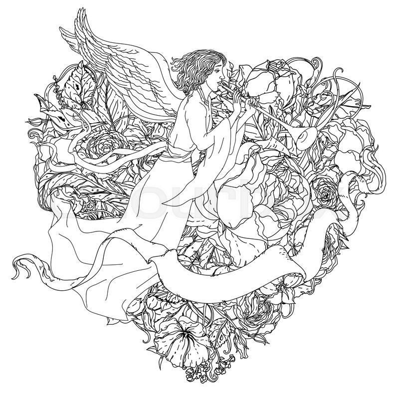 Uncolored Angel Ribbon For Text On Heart Shape Adult Coloring Book Famous Zenart Style Hand Drawn Retro Doodle Vector Uncoloured Black And White