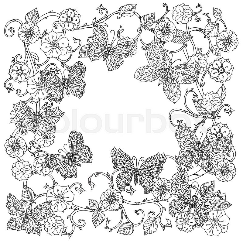 Download Uncoloured Frame Flowers And Butterfly Stock Vector Colourbox