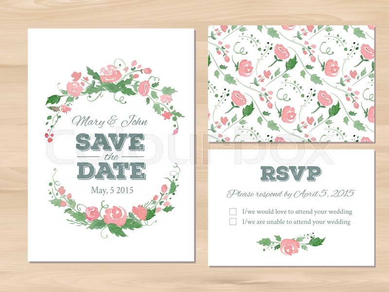 wedding set with watercolor flowers and typographic elements save