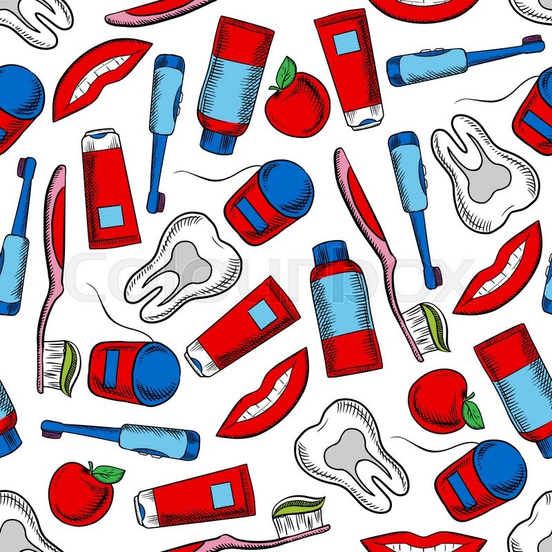 Oral hygiene and dental care colorful background with sketchy seamless