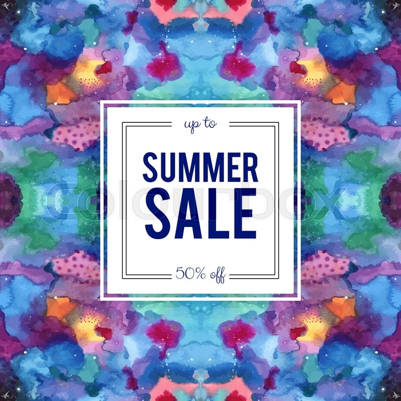 summer sale sign on abstract cosmic kaleidoscope watercolor