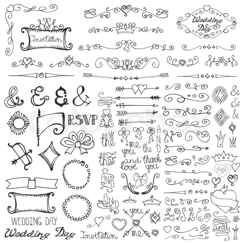 doodles wedding decor element set swirling border arrow hearts crown