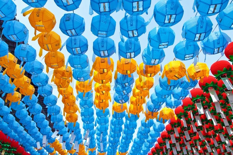colorful paper lanterns in buddhist temple for celebration buddha s
