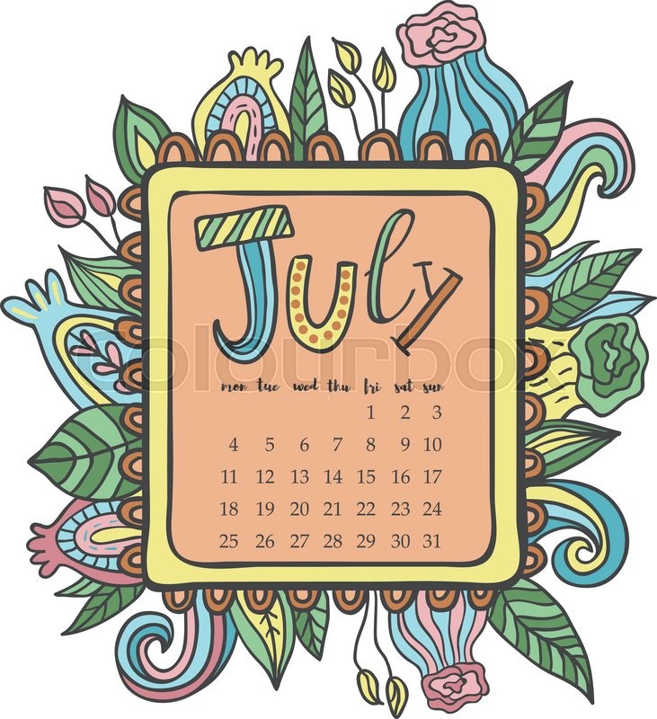 july 2016 calendar doodle frame cute floral decorated frame