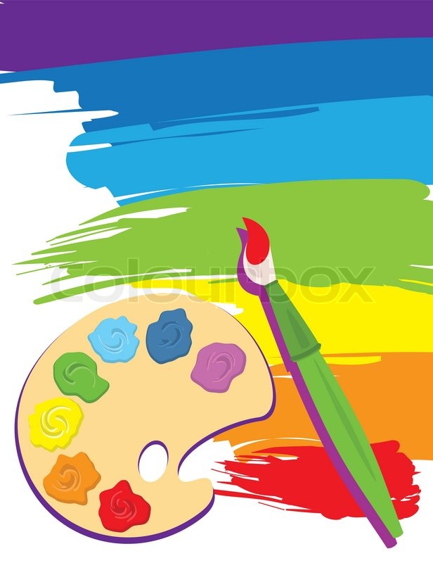 Paintbrush, palette on rainbow color painted canvas | Stock Vector