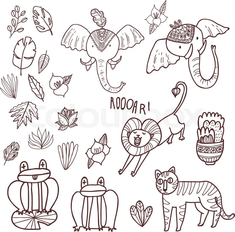 Maharaja Garden Vector Set Fun Wild Jungle Animals In Cartoony Style For Your Textile Scrapbook Paper Web And Stationary Design Adult Coloring Book