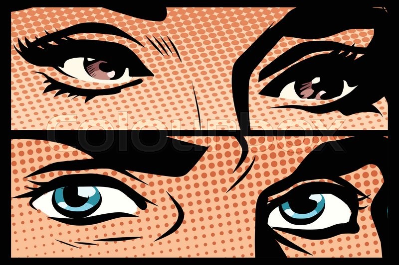 Male and female eyes close-up pop art retro vector. Look man and woman. Blue and brown eyes