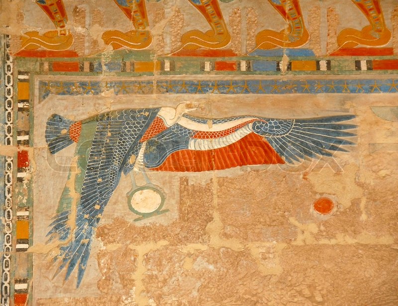 Egyptian art, illustration of bird, on wall in Hatshepsut Temple ...