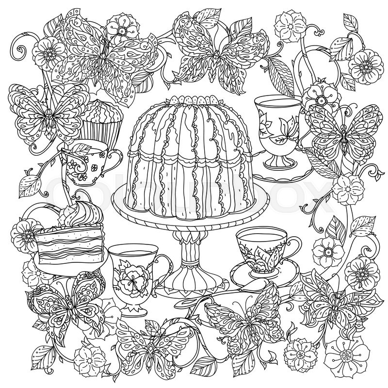 Uncoloured Sweets And Butterfly For Adult Coloring Book In Famous Zenart Art Therapy Antistress Style Hand Drawn Retro Doodle Vector Mandala