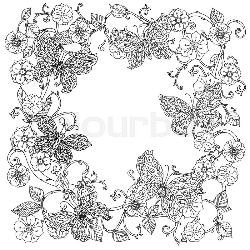 Uncoloured Flowers And Butterfly For Adult Coloring Book In Famous Zenart Art Therapy Antistress Style Hand Drawn Retro Doodle Vector Mandala