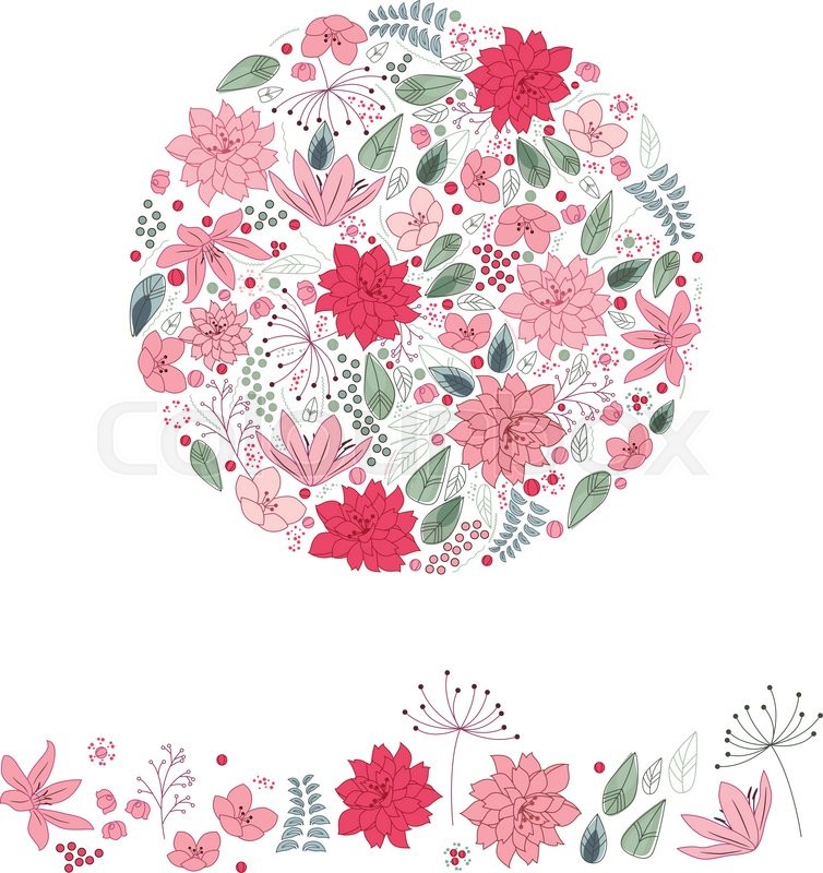 stylized round template with cute pink and red flowers floral