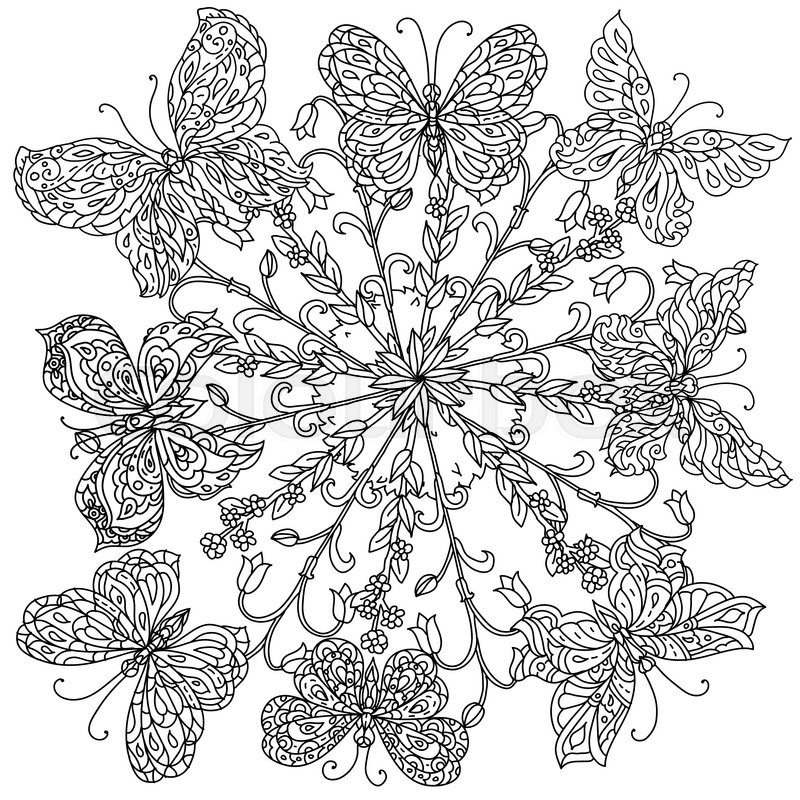 Mandala Shape Flowers And Butterfly For Adult Coloring Book In Zen Art Therapy Style Anti Stress Drawing Hand Drawn Retro Doodle Vector