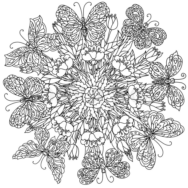 Mandala Shape Flowers And Butterfly For Adult Coloring Book In Zen Art Therapy Style Anti Stress Drawing Hand Drawn Retro Doodle Vector