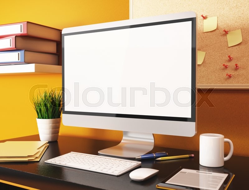 3D illustration office with blank computer screen. Mockup | Stock ... 3D illustration office with blank computer screen. Mockup | Stock ...
