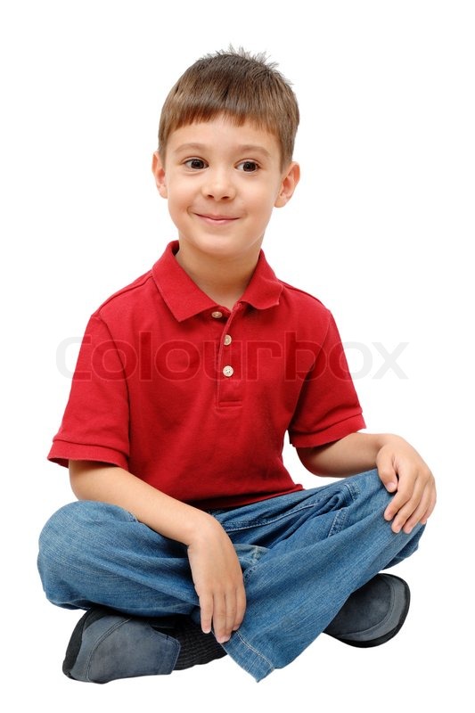 Portrait of little child sitting on floor isolated on white background ...